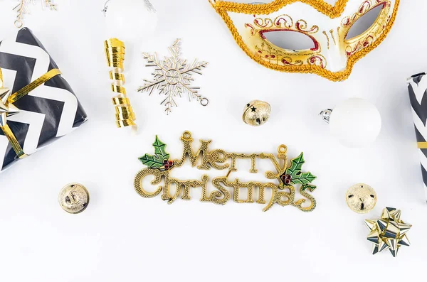 Christmas set with gifts, black, white and gold decorations — Stock Photo, Image