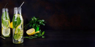 Taze mojito şişeler ve malzemeler - limon ve nane