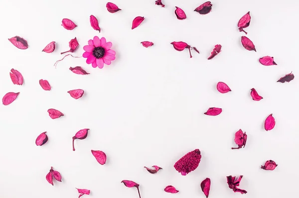 Состав Цветов Сушеные Листья Розовые Цветы Лепестки Почки Белом Фоне — стоковое фото