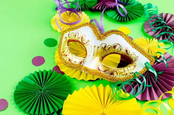 Renkli kağıt konfetileri, karnaval maskesi ve fotokopi alanı, tebrik kartı ve karnaval veya doğum günü için parti davetiyesi tasarımı olan yeşil arka planda renkli bir yılan.,