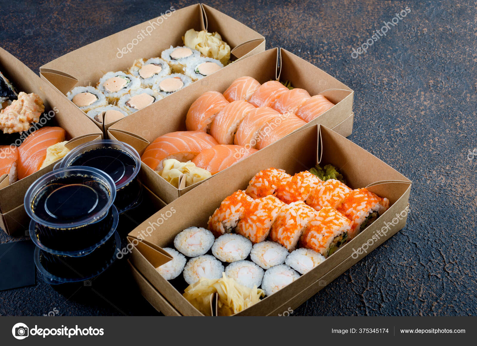 Download Tasty Sushi Rolls In Disposable Kraft Paper Boxes Sauces Chopsticks Sushi For Take Away Or Delivery Stock Photo Image By C Vi Mart 375345174