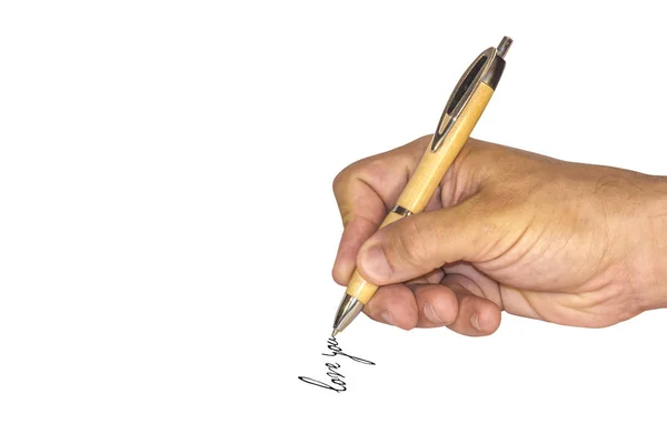 Bir adamın el yazar kalem kelimeler seni seviyorum. Beyaz arka plan üzerinde izole.