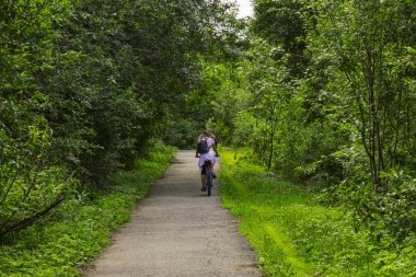 Genç kadın arkadan görünüm bir park boyunca bir bisiklet sürmek