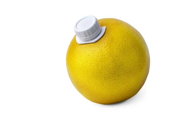 Plastik bir kapak ile taze greyfurt paketlenmiş bir suyu gibi. taze sıkılmış meyve suyu kavramı. Sağlık.