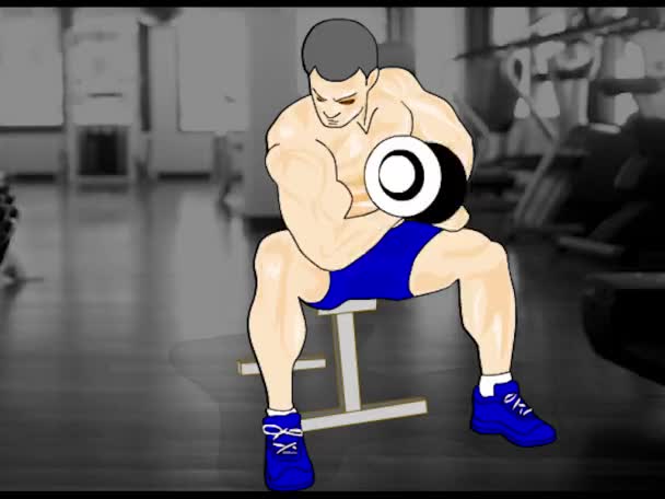 Animace Atletický Muž Kulturista Provést Cvičení Činkami Pro Biceps Sedí — Stock video