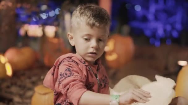 Little boy and his mother playing with pumpkin in Dollywood — Stock Video