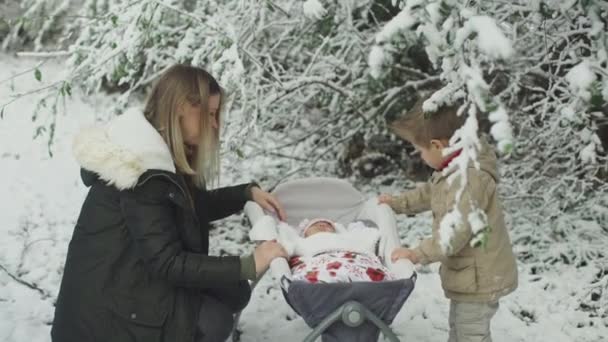 Junge und stylische Mutter mit ihrer kleinen süßen Tochter und ihrem Sohn im Winter Snowpark — Stockvideo