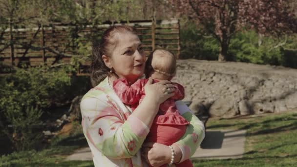 Baby Mädchen auf den Händen ihrer Großmutter im Freien. — Stockvideo