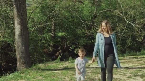 Beautiful young mom and cheerful adorable blond boy are playing, having fun. Woman loves her son. Beautiful young mom and cheerful adorable blond boy are playing in the park — Stock Video