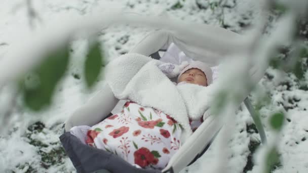 Newborn baby girl laying outside in winter 4k — Stock Video