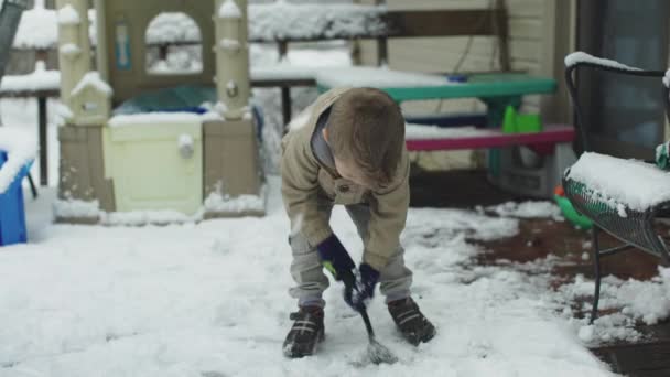 Niño jugando en la nieve y riendo en invierno — Vídeo de stock