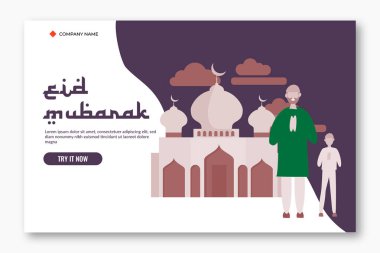 Ramazan Mübarek selamın kutlu olsun. Web İniş Sayfası şablonu, afişi, broşürü, kartı ve sunumu için Aid Fitr veya Adha düz tasarım vektör çizimi