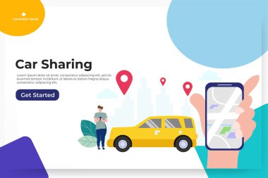 Çizgi film karakteri ve akıllı telefonlu Printonline araba paylaşımı, iniş sayfası, şablon, ui, web, mobil uygulama, poster, afiş, broşür