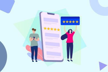 Beş yıldız pozitif puan. Web iniş sayfası şablonu, afişi, broşürü ve sunumu için yıldız vektör illüstrasyon kavramını gözden geçir