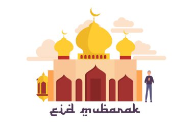 Bayram mübarek 'i selamlıyorum. Web İniş Sayfası şablonu, afiş, broşür ve sunum için minik insanlarla mutlu ramazan konsepti. İslami bayram fitrarı ya da Adha Düz Tasarım. vektör illüstrasyonu