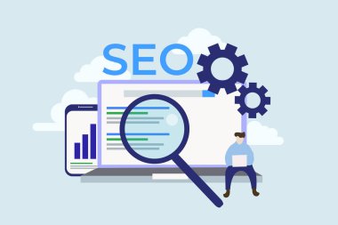 Modern Düz Tasarımcılar ve Seo, web iniş sayfası şablonu, afişi, broşürü ve sunumu için küçük insanlar karakter ile sayfa iş konseptini optimize etti.