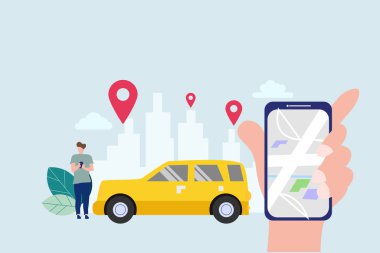 Web iniş sayfası şablonu, afişi, broşürü ve sunumu için akıllı telefonlu mobil şehir ulaşım vektör çizimi kavramı.