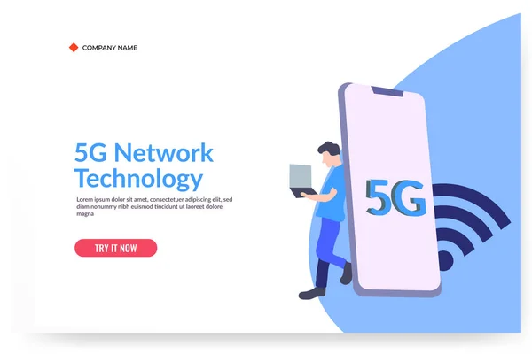5G teknoloji konsepti. Telekomünikasyon servisi. Web iniş sayfası şablonu, afişi, broşürü ve sunumu için kabin yayını ve veri oluşturma.