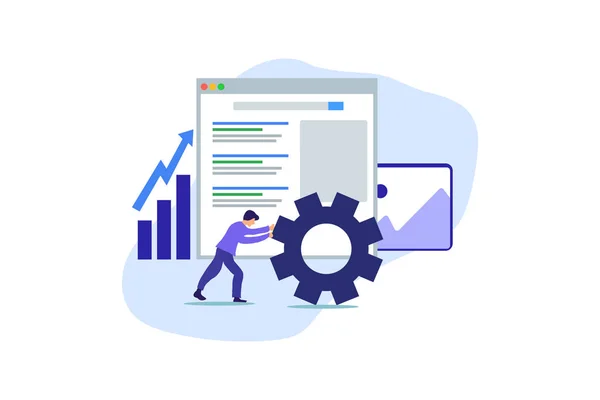 Modern Düz Tasarımcılar ve Seo, web iniş sayfası şablonu, afişi, broşürü ve sunumu için küçük insanlar karakter ile sayfa iş konseptini optimize etti.