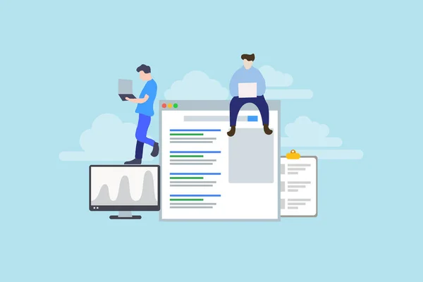 Modern Düz Tasarımcılar ve Seo, web iniş sayfası şablonu, afişi, broşürü ve sunumu için küçük insanlar karakter ile sayfa iş konseptini optimize etti.