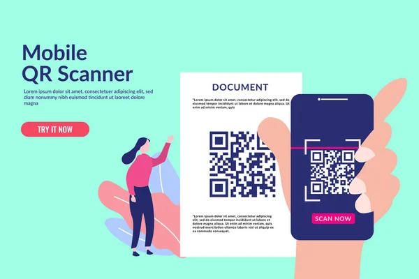 Illustrazione del concetto di codice QR dei giovani scansione del codice a barre del documento utilizzando lo smartphone mobile Adatto per il modello di pagina di destinazione web, banner, volantino, brochure e presentazione — Vettoriale Stock