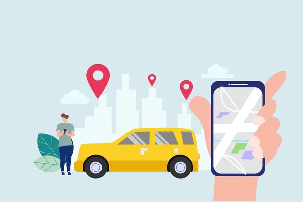 Condivisione di auto online, concetto di illustrazione vettoriale per il trasporto urbano mobile con smartphone per il modello di pagina di destinazione web, banner, volantino e presentazione . — Vettoriale Stock