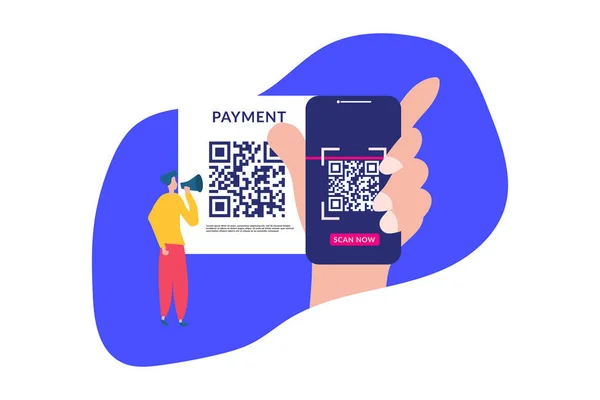 Illustrazione del concetto di codice QR dei giovani che scansionano il codice a barre utilizzando lo smartphone mobile per lo shopping e il pagamento online Adatto per il modello di pagina di destinazione web, banner, volantino, brochure e presentazione — Vettoriale Stock