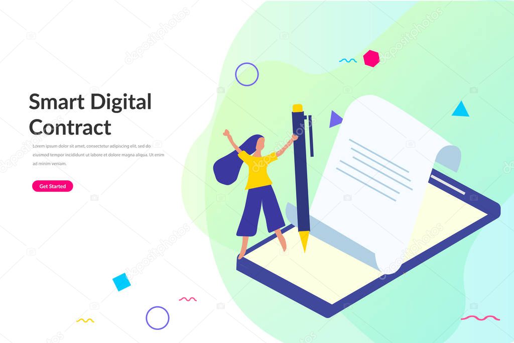 Smart contract concept, business concept illustration, agreement of parties, signing documents for web landing page template, banner, flyer, card and presentation