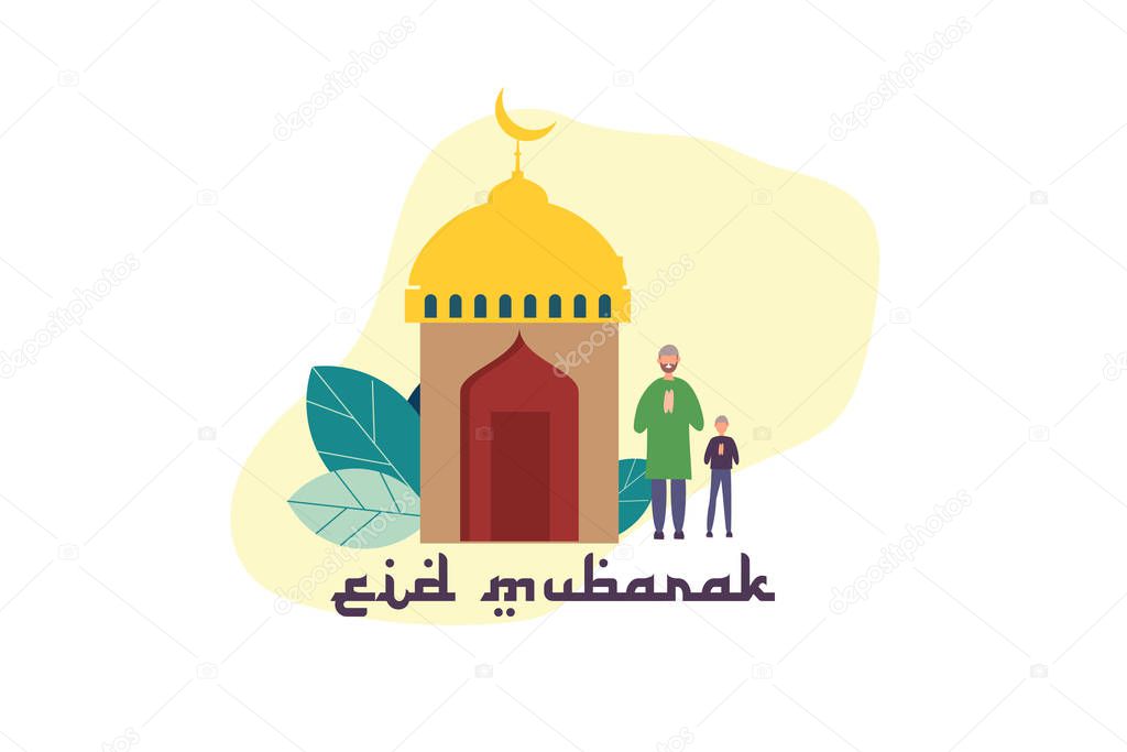 greeting eid mubarak. happy ramadan concept with tiny people character for web landing page template, banner, flyer and presentation. islamic eid fitr or adha flat design. vector illustration