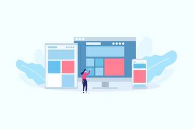 Web İniş sayfası şablonu, afişi, broşürü ve sunumu için Yanıtlayıcı Web Tasarımı Düz Biçim Gadget konsept vektör ilüstrasyon kavramı