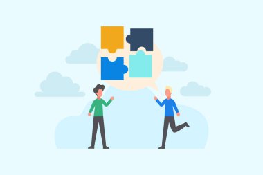 Çözüm bulmak. İş konsepti. Takım metaforu. Web iniş sayfası şablonu, afişi, broşürü ve sunumu için bulmaca unsurları vektör illüstrasyonu kavramını bağlayan insanlar