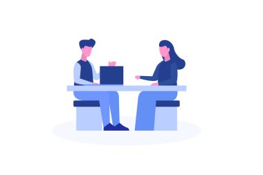 Web iniş sayfası şablonu, afişi, broşürü ve sunumu için çalışan röportajı illüstrasyonu