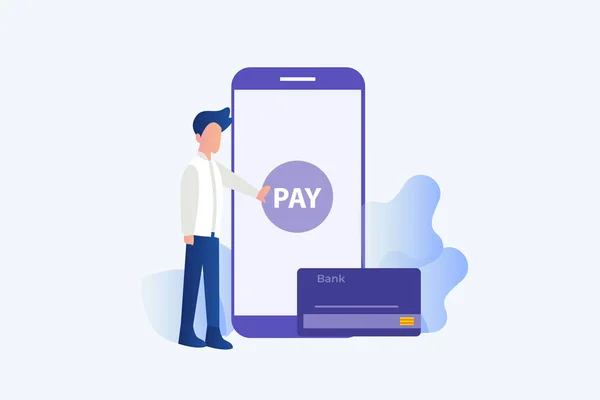 Online μεταφορά πληρωμών, κινητό πληρώσει με smartphone. Η έννοια διανυσματική απεικόνιση τραπεζικής έννοιας για το πρότυπο ιστοσελίδας προσγείωσης, το banner, το φυλλάδιο και την παρουσίαση — Διανυσματικό Αρχείο