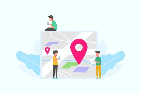 Taşındık. GPS takip ediyor. Adam gezgin web iniş sayfası şablonu, afiş, broşür ve sunum için akıllı telefon GPS navigasyon konsept vektör ilülasyonu kavramı kullanıyor