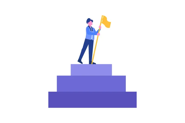 Homem em pé no topo da montanha com escada, conceito de ilustração de liderança de sucesso para modelo de página de destino web, banner, flyer e apresentação —  Vetores de Stock