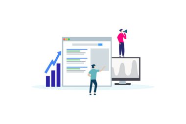 Seo analizi. Web iniş sayfası şablonu, afişi, broşürü ve sunumu için iş analizi konsepti illüstrasyon kavramı