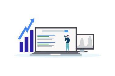 Seo analizi. Web iniş sayfası şablonu, afişi, broşürü ve sunumu için iş analizi konsepti illüstrasyon kavramı