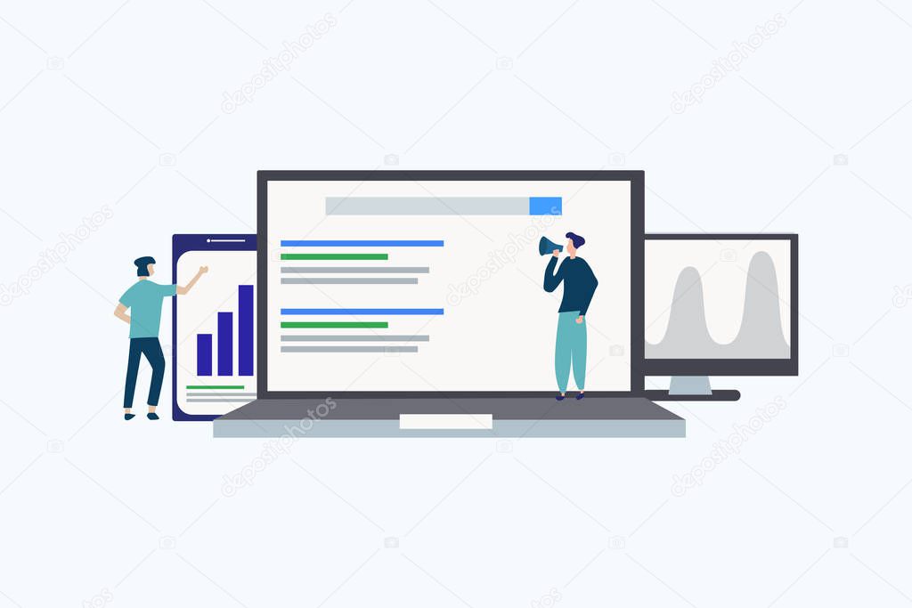 Search engine ranking - Search engine analytics illustration concept for web landing page template, banner, flyer and presentation