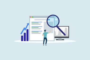 Seo büyümesi. Web iniş sayfası şablonu, afiş, broşür ve sunum için arama motoru sıralama illüstrasyon kavramı