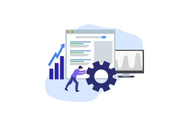 Seo analizi. Web iniş sayfası şablonu, afişi, broşürü ve sunumu için iş analizi konsepti illüstrasyon kavramı