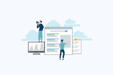 Arama motoru sıralaması - Web iniş sayfası şablonu, afişi, broşürü ve sunumu için arama motoru analitik çizim kavramı