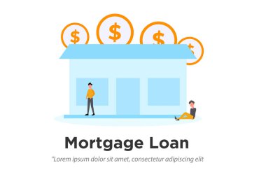 Ev kredisi konsepti, kira, mülk satın alma. Web iniş sayfası şablonu, afişi, broşürü ve sunumu için iş illüstrasyonunda emlakçı