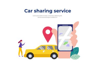 Araba paylaşım servisi. Web iniş sayfası şablonu, afiş, broşür ve sunum için mobil şehir ulaşım vektör ilüstrasyon kavramı.