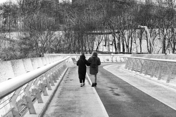 Pair Lone Pedestrians Winter Bridge — Stock Photo, Image