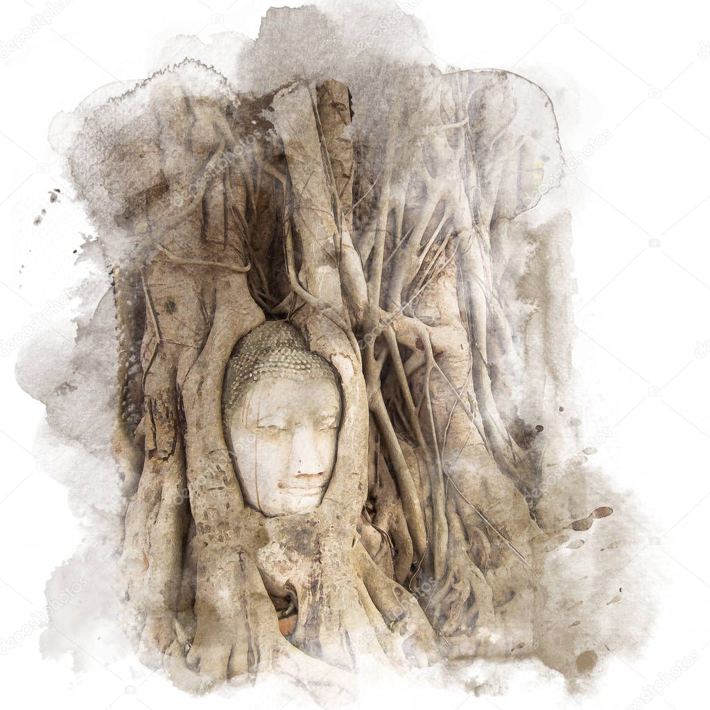 Banyan roots covering the buddha head.