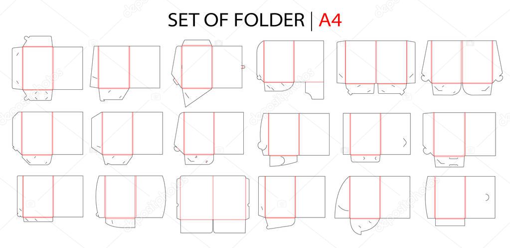 Folder set with gusset die cut stamp. Empty shablon template for A4 documents and business card with lock.