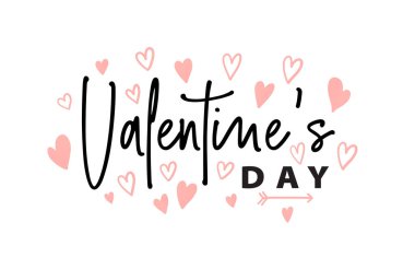 Sevgililer Günü romantik tebrik kartı, yazı ve kalplerle birlikte tipografi posteri..