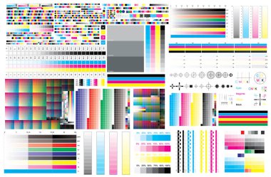 CMYK print test color offset vector calibration printing marks, color bar CMYK and color test chart. clipart