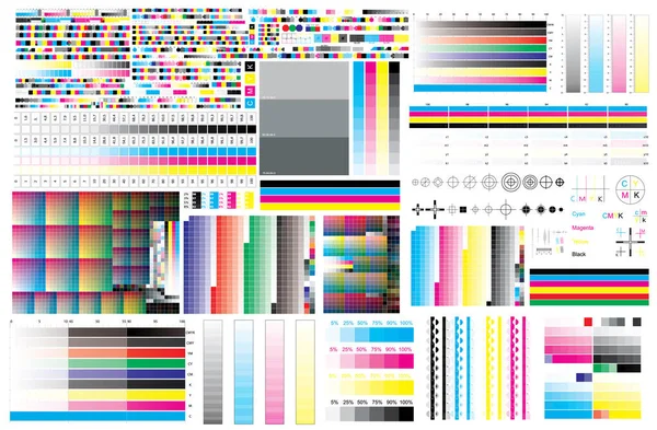 CMYK print test color offset vector calibration printing marks, color bar CMYK and color test chart. — Stock Vector