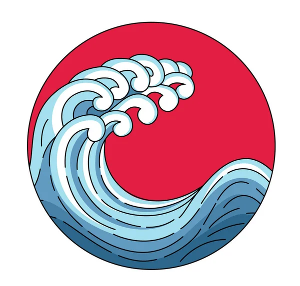 Japonská vlna s červeným logem. Vektorová vlna Japonska v červeném kruhu slunce. — Stockový vektor